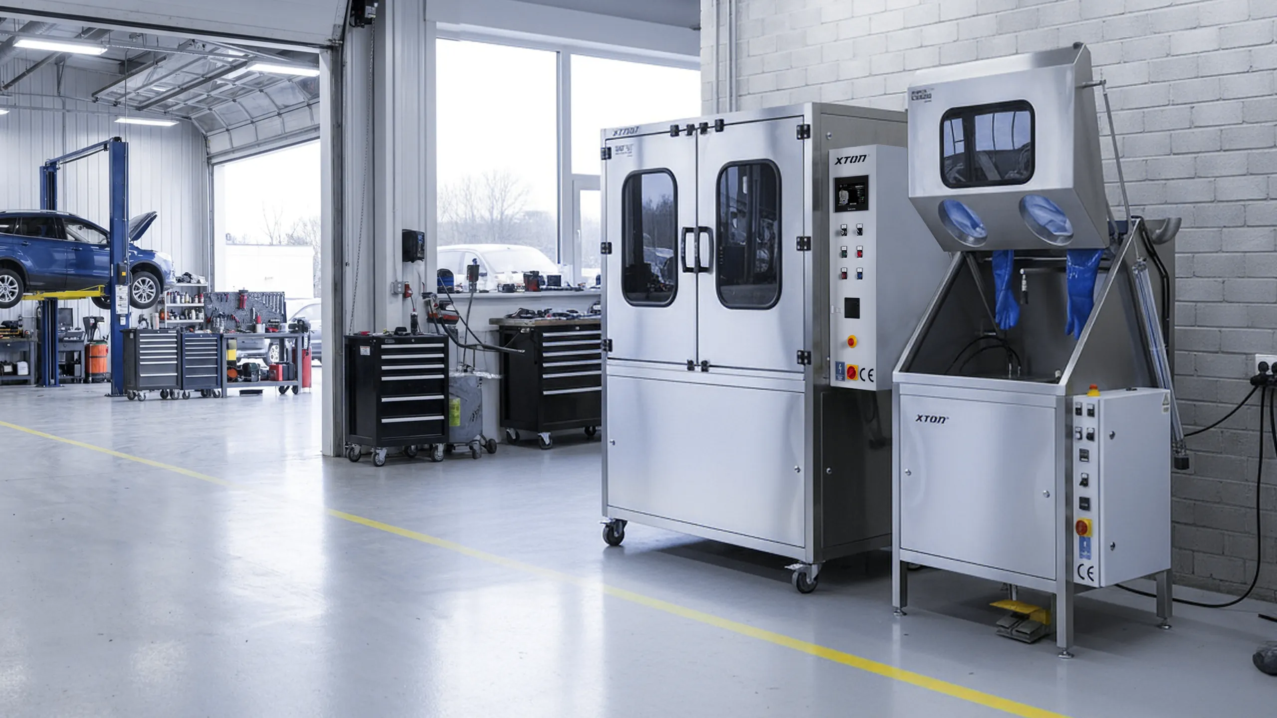 XTON parts washing and sandblasting machines in a car workshop
