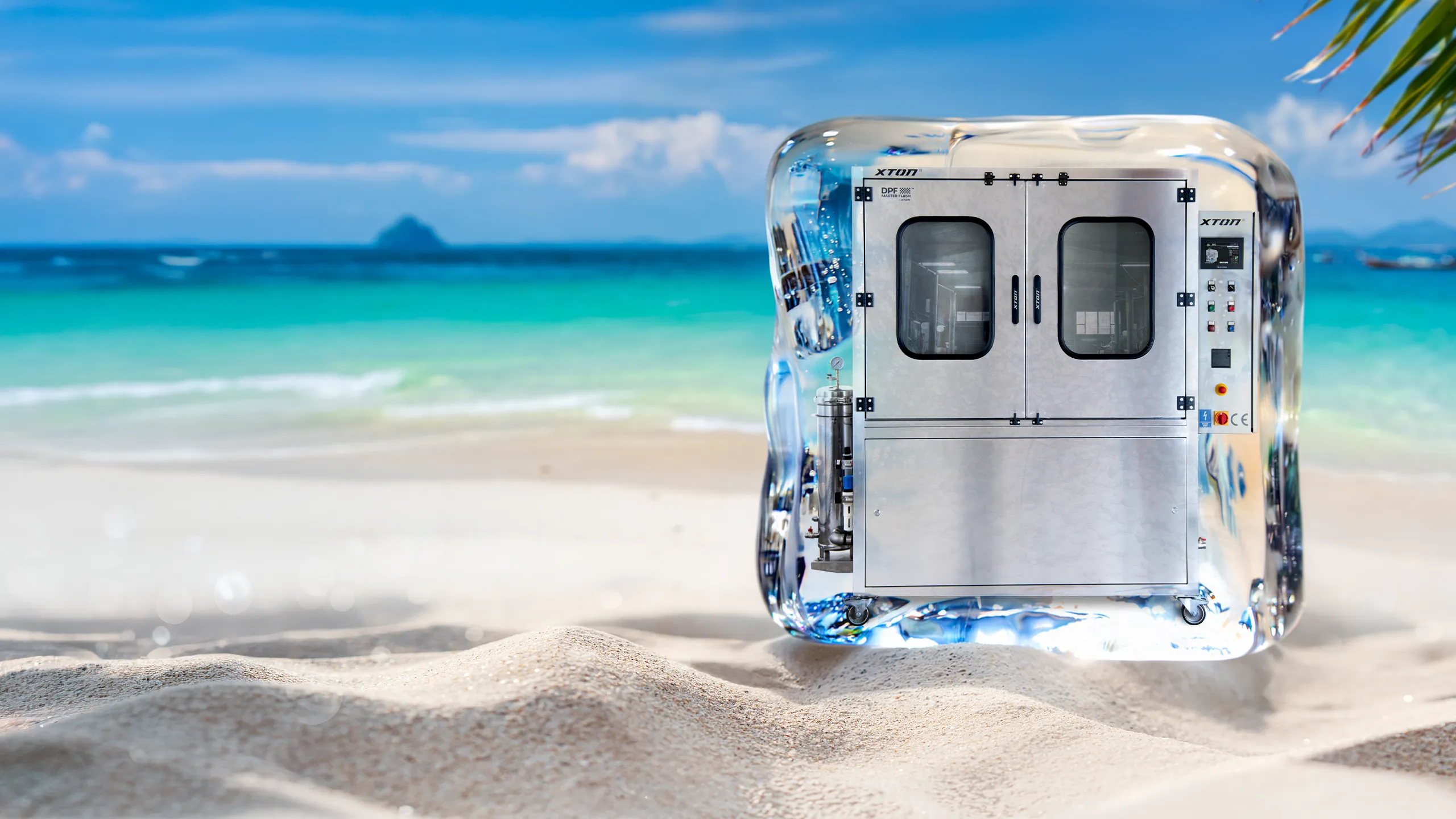 XTON DPF regeneration machine frozen inside a block of ice on a beach